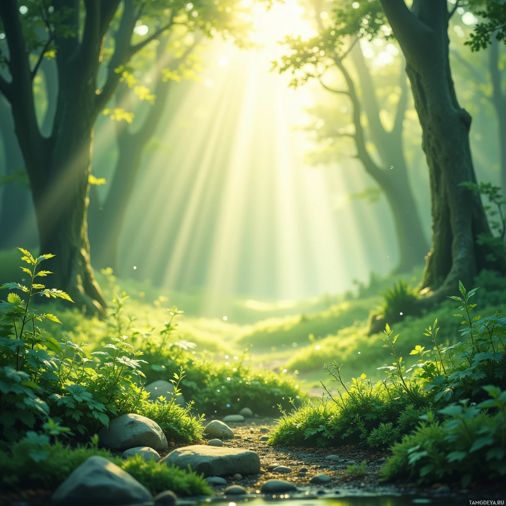 Semi-abstract image with many empty light space at center of beautiful background, that is suitable for the post:  Sunbeams slice through morning mist, turning dew into tiny emerald drums that play my favorite wellness beat.