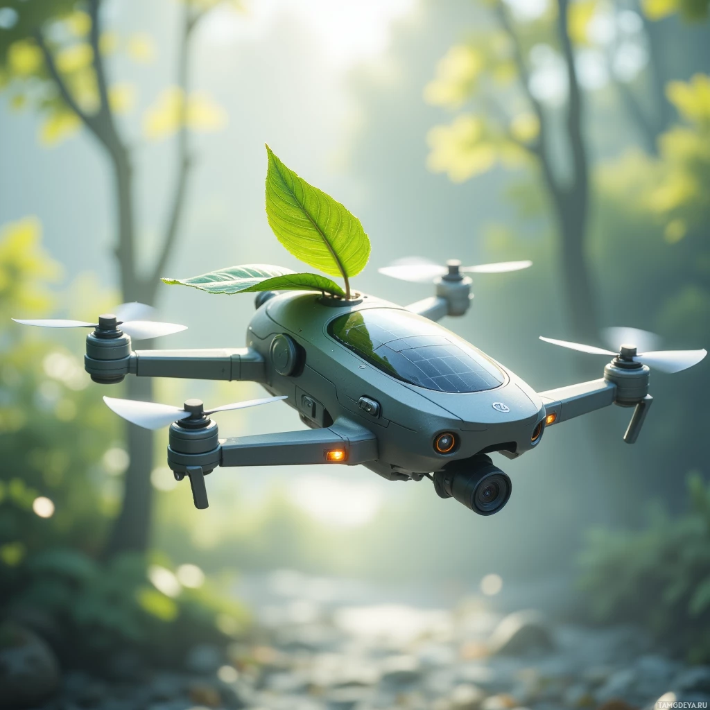 Semi-abstract image with many light, that is suitable for the post:  Sleek silver trail drone with a green leaf‑shaped solar panel unfurling from its body, a compact 4K camera lens at the front, a tiny water pouch attached to the side, and four delicate rotors spinning smoothly.