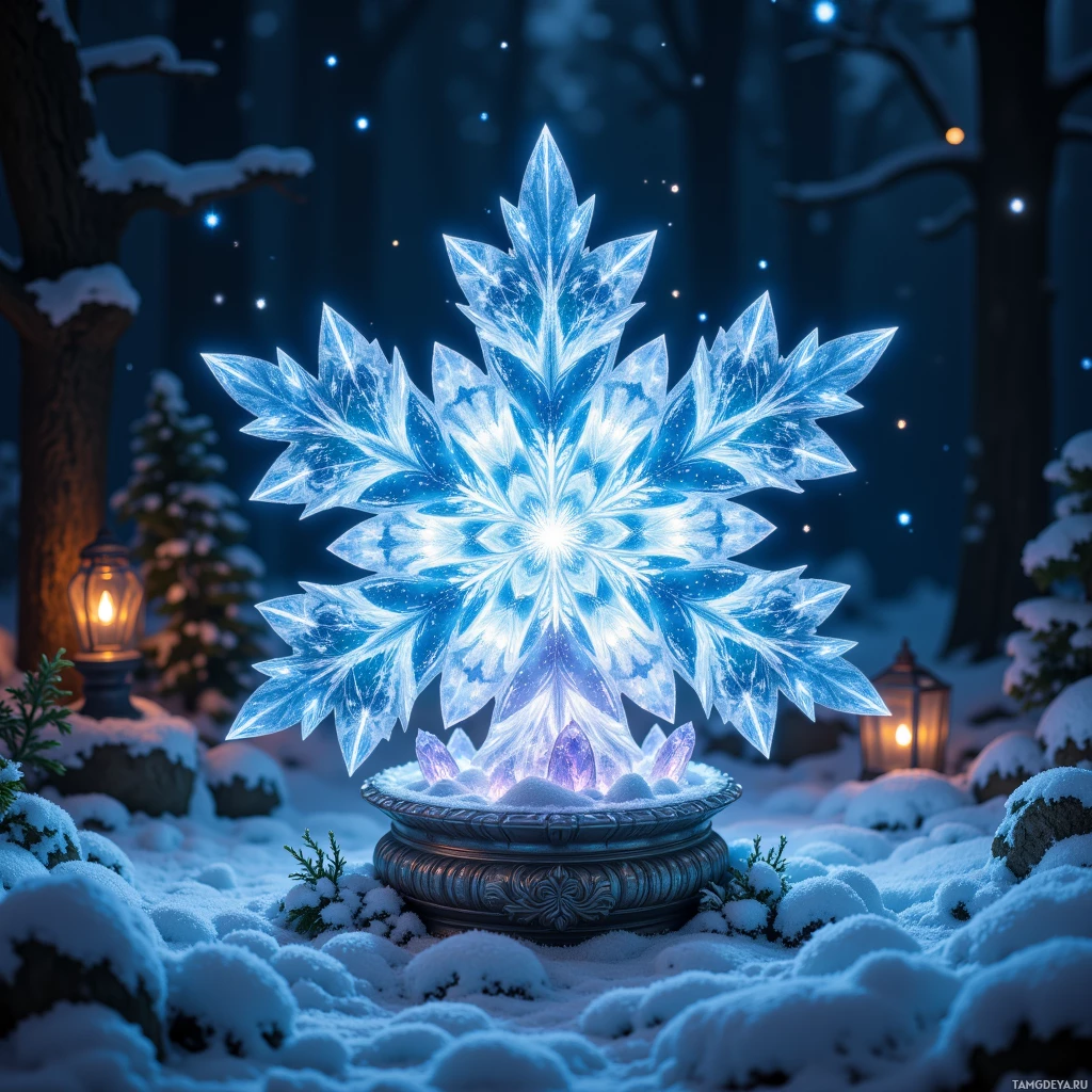 Semi-abstract image with many light, that is suitable for the post:  A silver snowflake-shaped lantern carved from a single crystal of eternal frost, with delicate crystalline arms holding a miniature winter garden, emitting soft blue light that refracts into tiny auroras.