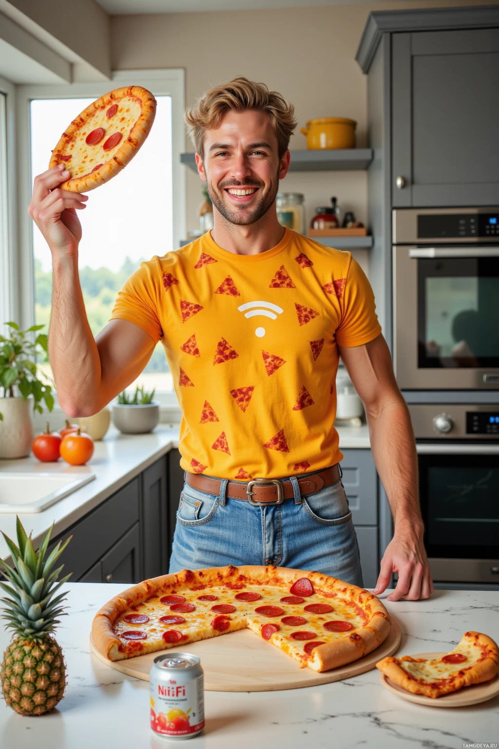 Realistic high quality photo. A 27‑year‑old man with short curly blonde hair and blue eyes, wearing a bright pizza‑slice patterned t‑shirt and jeans, laughing mischievously while tossing a dough frisbee in a modern kitchen, an oven set to 375°F in the background, an anchovy can floating nearby, a pineapple slice on a pizza, and a colossal calzone on the counter marked with a Wi‑Fi symbol, sunlight streaming through the window.