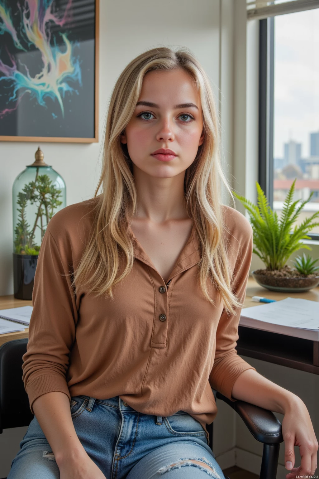 Realistic high quality photo. Woman, 26, long golden blonde hair, bright green eyes, soft features, wearing a loose earth‑toned top and well‑worn jeans, sits at a desk with a small terrarium of ferns beside it, sunlight filtering through blinds onto the plants in a quiet office with distant city hum.