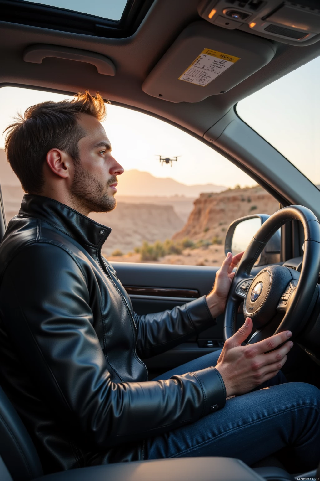 Realistic high quality photo. 30-year-old man with light brown hair, blue eyes, pale skin, stocky build, wearing a fitted black leather jacket and dark denim jeans, sits in a car in a morning traffic jam, breathing rhythmically and counting to five, hands on the steering wheel, looking out at a wide canyon with a small drone flying overhead, sunlight filtering through the windshield, focused expression, modern realism