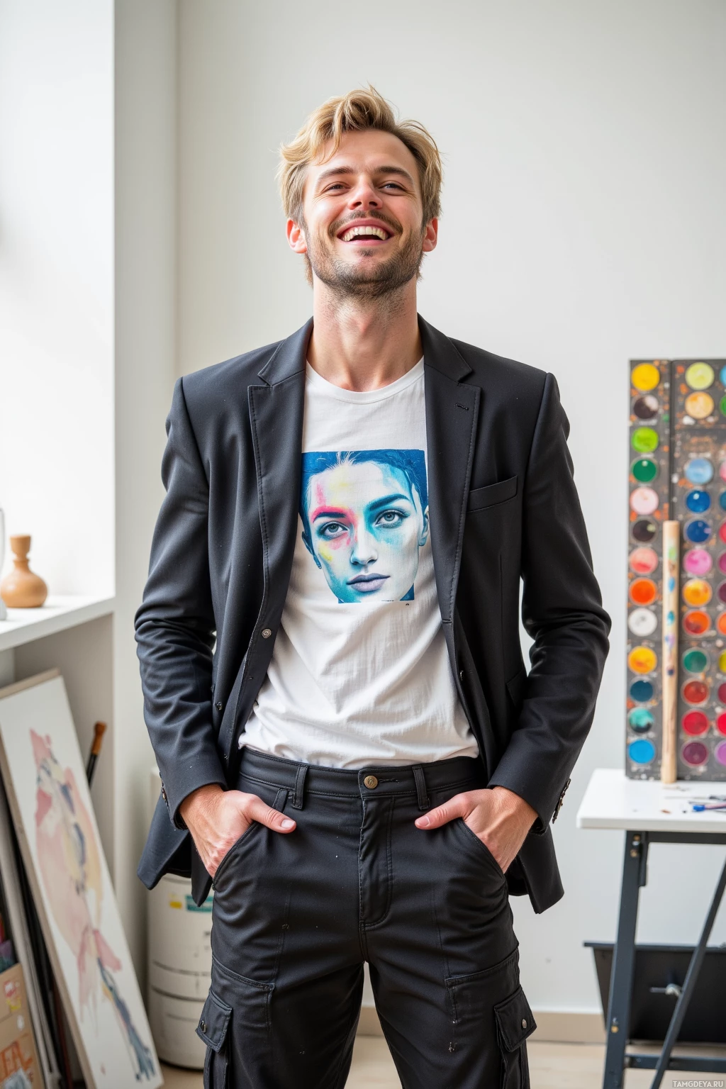 Realistic high quality photo. 29‑year‑old male with tousled blonde hair, blue eyes, pale skin, wearing a fitted graphic t‑shirt, monochrome couture blazer, oversized cargo pants, tossing the pants in a bright white‑wall studio with a color palette rack, laughing with a sarcastic grin, embodying a scientific yet whimsical creative vibe.