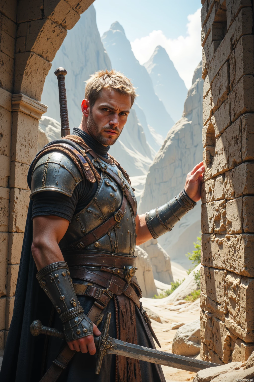 Realistic high quality photo. Rugged 34‑year‑old male warrior with short worn blonde hair, piercing blue eyes, weathered skin and a strong jawline, wearing dented practical armor and a large sword slung over his back, standing in a sunlit forgotten canyon, tracing ancient runes carved into stone walls as wind whips across ridges, midday light filtering through rocky peaks.