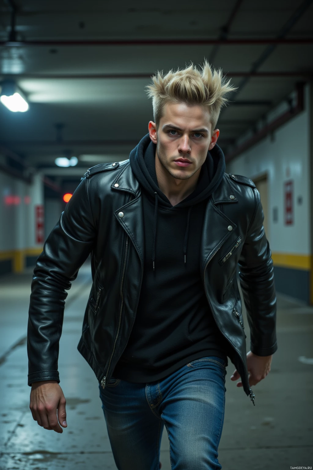 Realistic high quality photo. A 22‑year‑old man with spiky blonde hair, piercing blue eyes, wearing a black leather jacket over jeans, a hoodie draped over a chipped jacket, sprinting through a dim abandoned parking garage at dusk with concrete walls and flickering emergency lights, one shrug, exuding an energetic, rebellious vibe.