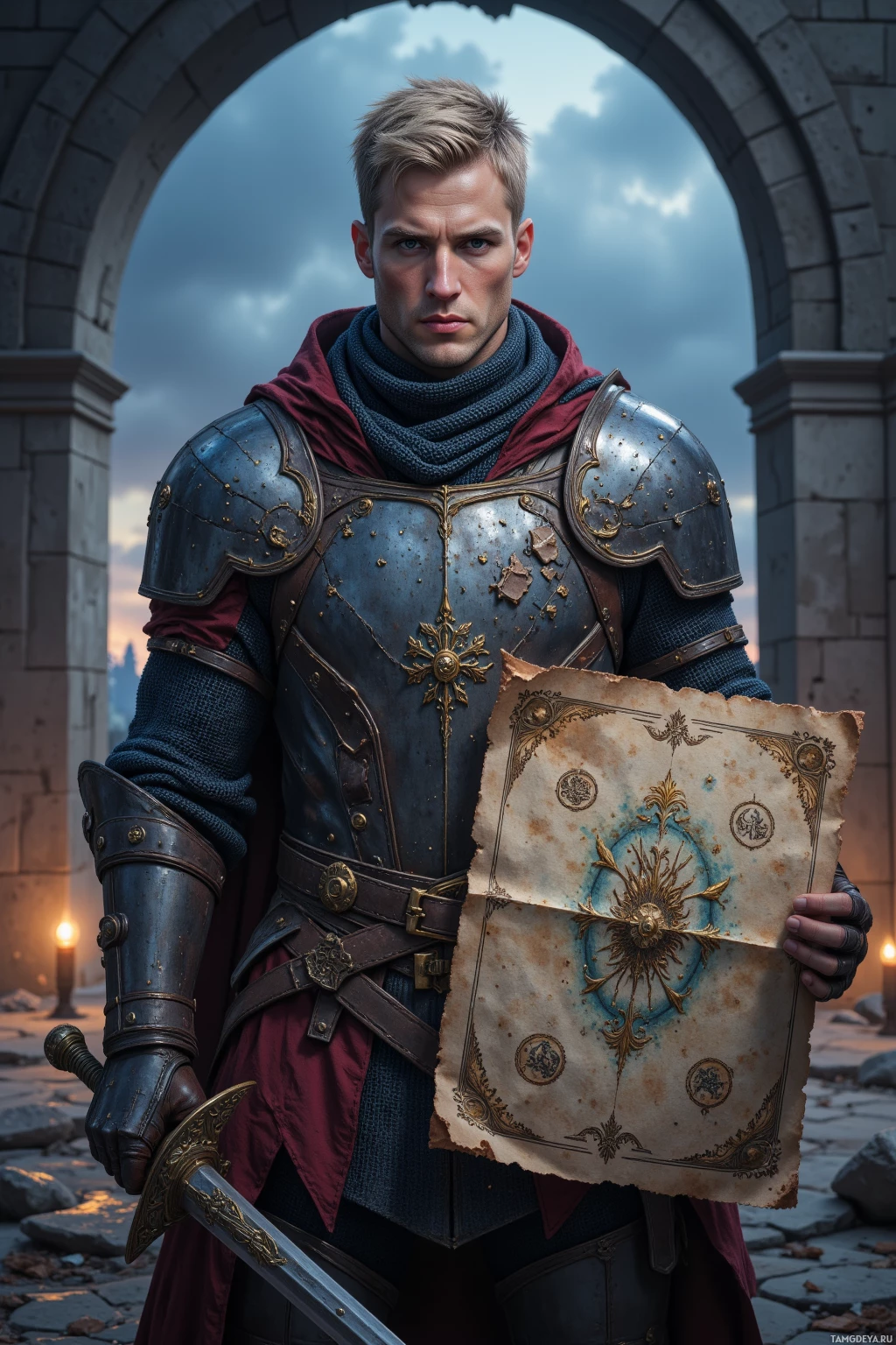 Realistic high quality photo. A muscular man, 32, short dark blonde hair, piercing blue eyes, stern jawline, wearing chainmail armor, helmet, and leather gloves, holds a faintly glowing ancient map in one hand and swings a sword in the other on a twilight battlefield beside a crumbling stone arch.