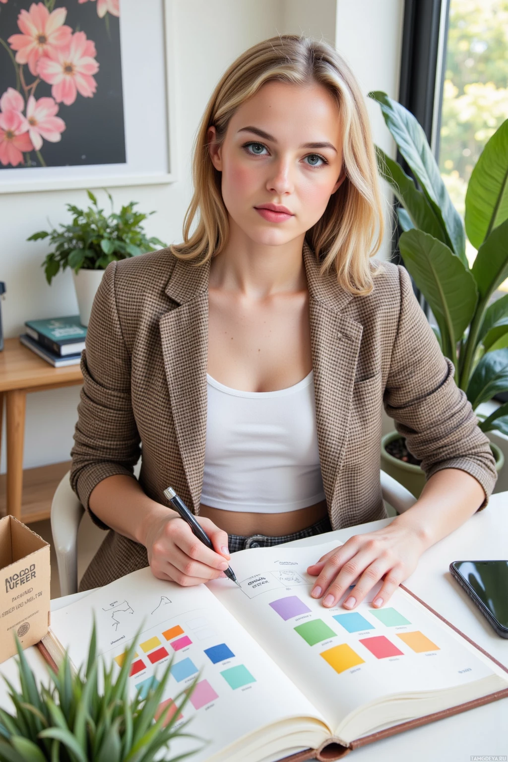 Realistic high quality photo. Female 28, short blonde hair, bright blue eyes, patterned blazer over white top and high‑waisted trousers, sits at a modern home office desk with an open Pantone swatch book, a napkin with logo sketches, a phone displaying a vague feedback notification, a cardboard quinoa package on a side table, and a pot of plants, poised with a pen to edit brand colors for her plant pots, late afternoon light streaming through the window.