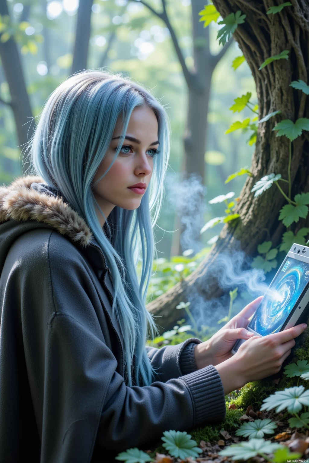 Realistic high quality photo. Female botanist, 26, slender, icy blue hair and bright blue eyes, wearing a cozy fur‑lined cloak, sits at a holo‑console in a sci‑fi forest simulation, watching pixelated digital vines sprout and wrap around the edge of the screen while lavender mist modules emit soft mist, afternoon light filtering through the virtual canopy.