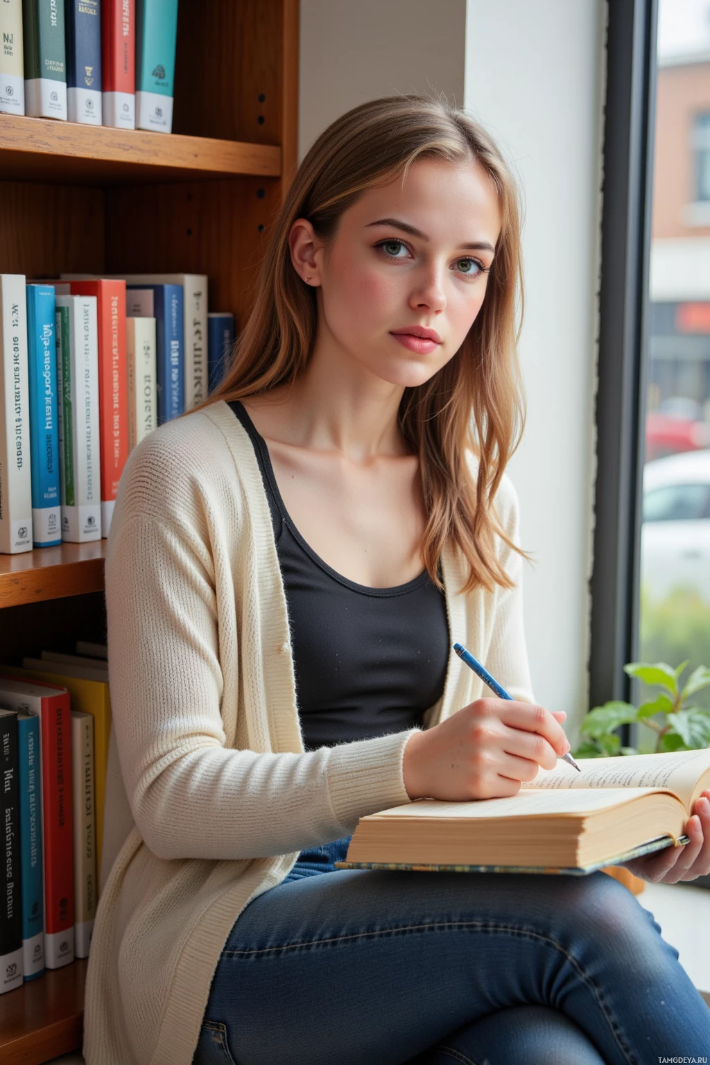Realistic high quality photo. A 28‑year‑old woman with soft light brown hair and hazel eyes, wearing a cozy cardigan and comfortable jeans, sits in a sunlit library alcove on a quiet afternoon, leafing through a worn copy of Mrs. Dalloway, marking a page and jotting a note in the margin, surrounded by tall bookshelves and the gentle hum of HVAC, with a calm, gentle expression reflecting her thoughtful librarian personality.