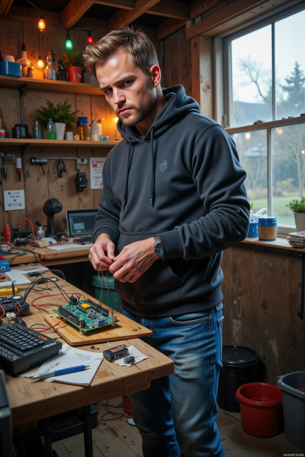 Realistic high quality photo. Male, 34, short light brown hair, blue eyes, charcoal hoodie, faded blue jeans, standing in a cluttered workshop with a disassembled 12V toaster PCB, an ESP32 board, tangled wires, a wooden workbench, and a neighbor’s Christmas lights hanging overhead, early evening light filtering through a window, focused and grumpy, fingers arranging cables on a breadboard.