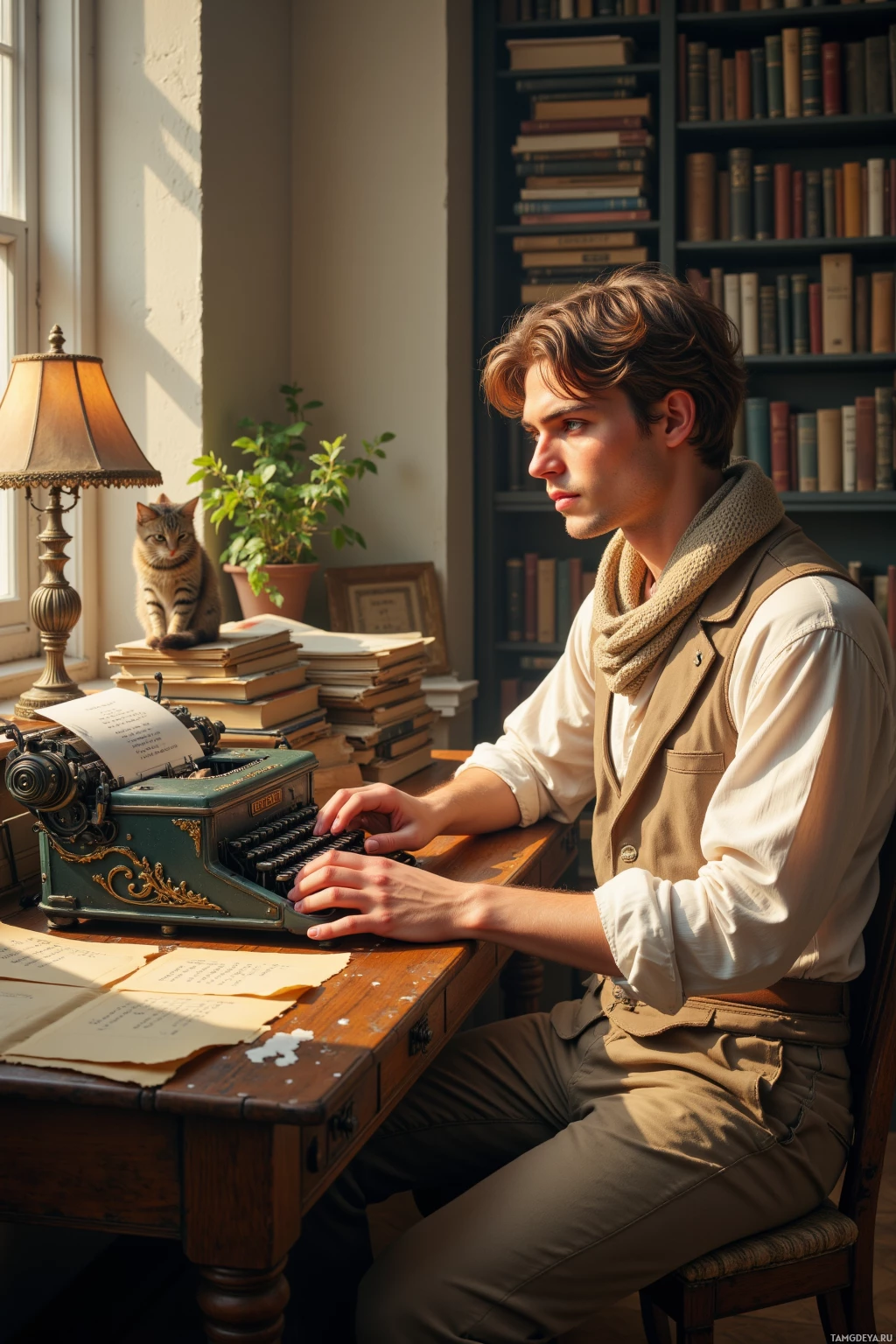 Realistic high quality photo. A 28‑year‑old man with wavy light brown hair, green eyes, linen shirt with rolled sleeves and a soft beige scarf sits at a battered typewriter in a sunlit study, typing a sonnet while sealing a grocery list with wax, whispering to a stray cat perched on a pile of books, humming a French poem, surrounded by parchment, a vintage lamp and a small potted plant.