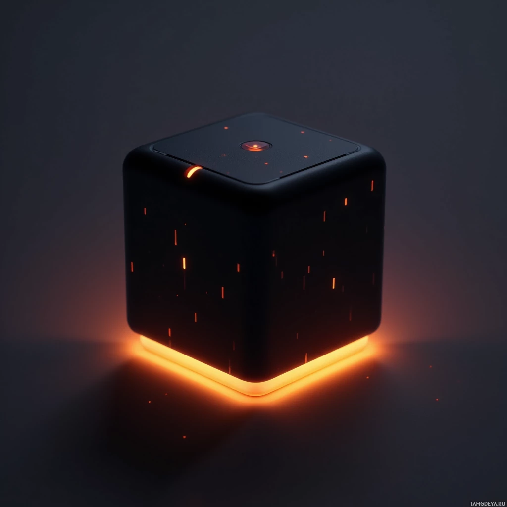 Semi-abstract image with many light, that is suitable for the post:  tiny matte black cube with faint bioluminescent lines that glow brighter when people feel down, featuring a small touch pad on one face and subtly illuminated edges with a warm sunrise-like glow, compact and sleek.