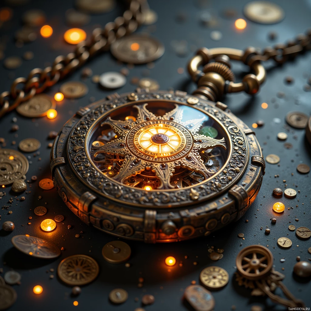 Semi-abstract image with many light, that is suitable for the post:  Rusted brass pocket watch with intricate filigree dial, faint glowing face powered by a tiny solar cell, delicate gears and a hidden mechanical puzzle compartment, aged patina and subtle tarnish on brass, small ancient battery powering a subtle tick.