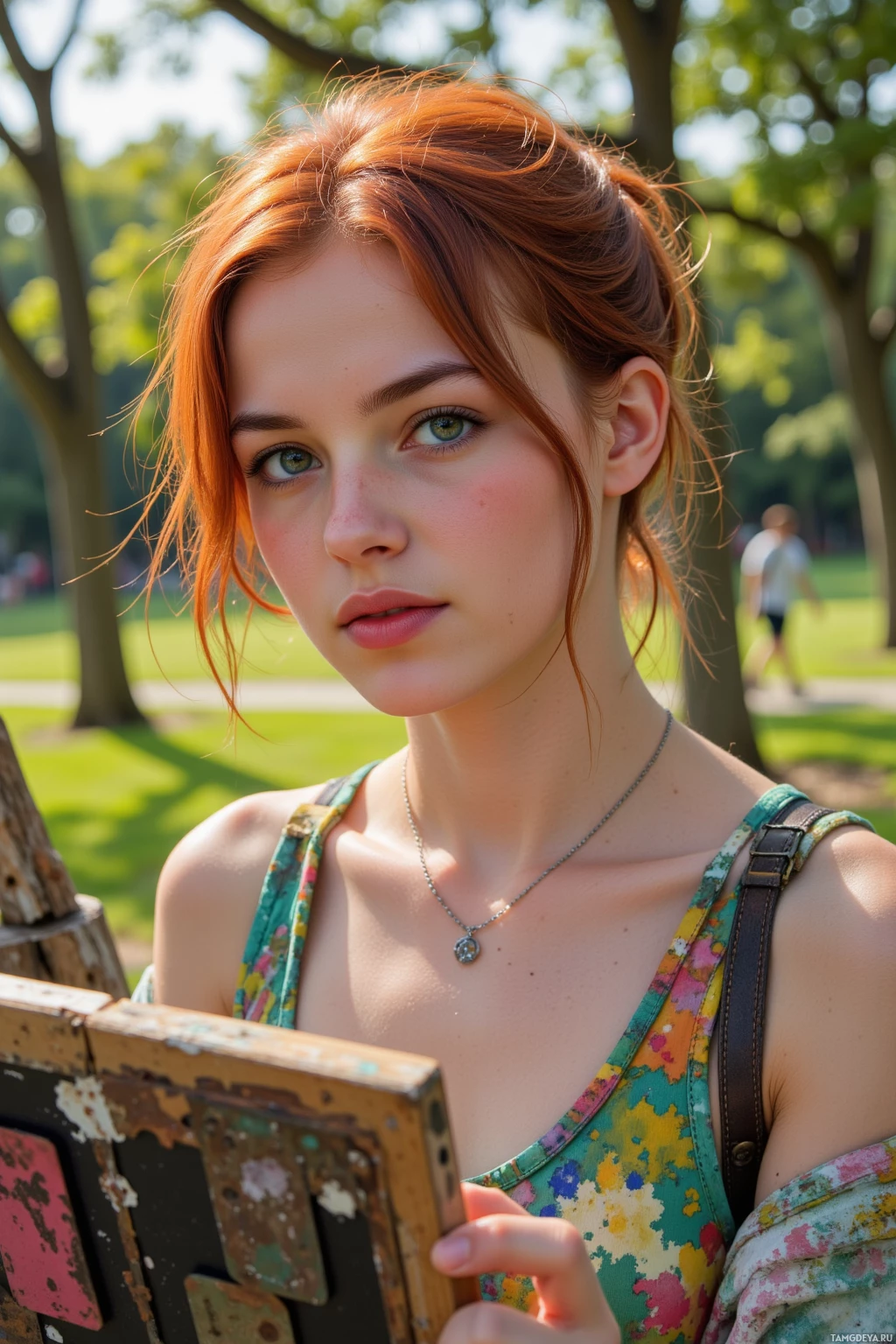 Realistic high quality photo. Woman, 31, with short vibrant red hair, bright green eyes, high cheekbones, small nose, wearing eclectic bohemian clothing with bursts of color and a simple silver chain, painting on a canvas outdoors in a sunny morning park, breezy light casting soft shadows, using a rusted ticket as a stenciled border while splattering paint onto the canvas amid trees and grass.