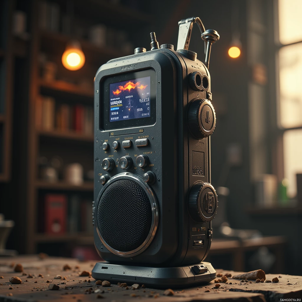 Semi-abstract image with many light, that is suitable for the post:  Hand‑cranked solar‑powered survival radio, a half‑metal cylinder with matte black finish, integrated wind turbine crank, tiny LED screen, rugged polycarbonate case with fold‑out panels for a power generator, emergency beacon, and GPS tracker, chrome accents and textured grip for a robust, apocalypse‑ready look.