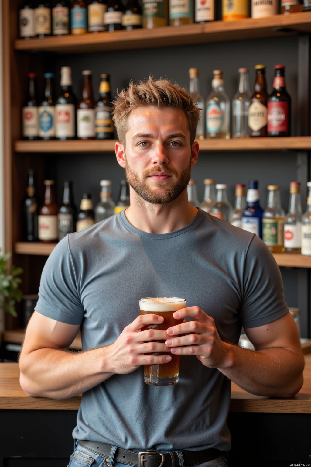 Realistic high quality photo. A relaxed 33‑year‑old man with a rounded face, blonde hair, blue eyes, a well‑kept beard, wearing a casual t‑shirt and jeans, standing in a modern local brew shop with wooden shelves of craft beer, holding a pint of amber hop storm and sipping slowly while chatting with the bartender under soft natural light.