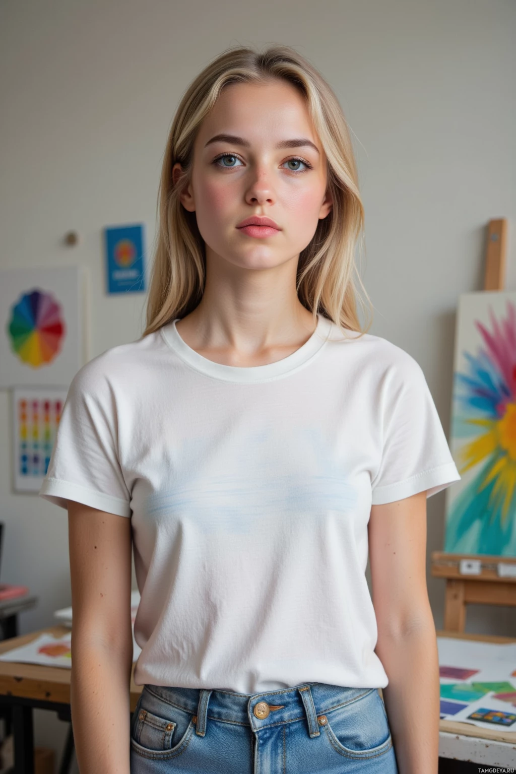 Realistic high quality photo. Female 25‑year‑old woman with fair skin, blonde loose waves, bright blue eyes, wearing a white tee and jeans, standing in a quiet studio corner with a cluttered desk of color swatches and a half‑finished canvas, holding a notebook with a blue line and swapping a draft with a friend.