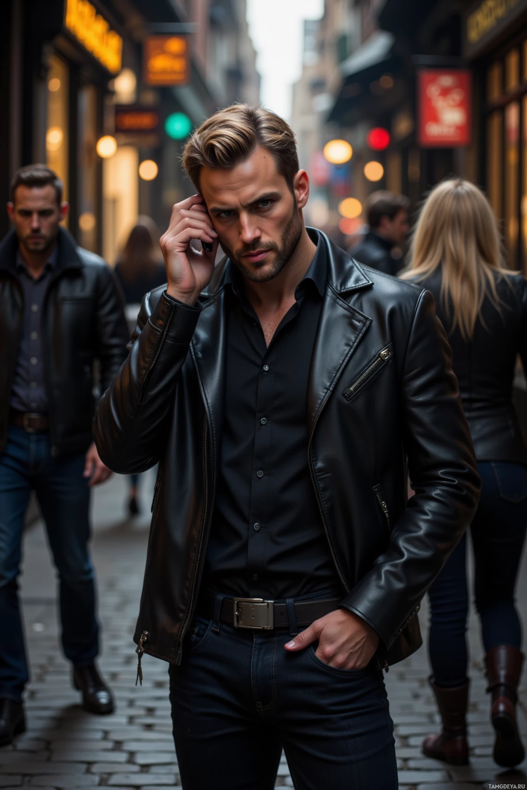 Realistic high quality photo. A 29‑year‑old man with slicked‑back blonde hair, blue eyes, strong jawline, wearing a black leather jacket, fitted black shirt, slim‑fit dark jeans, and black boots, stands confidently on a narrow cobblestone street at night with blurred city lights, holding a phone to his ear and gesturing as he orchestrates a conversation amid a bustling crowd.