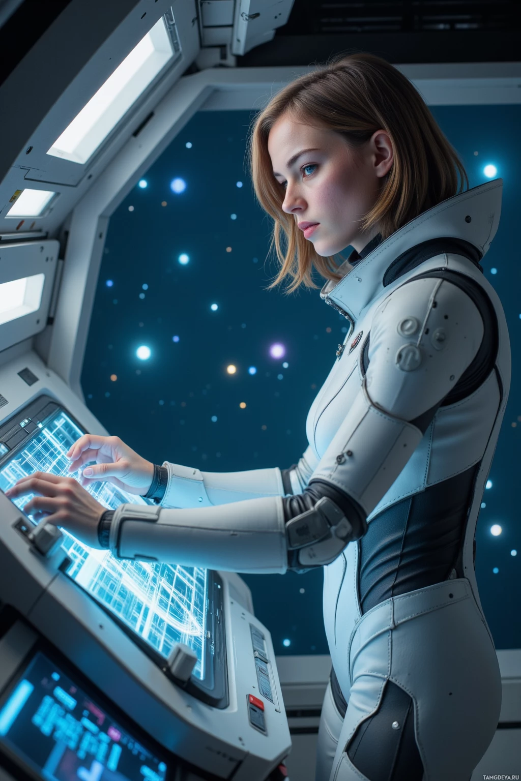 Realistic high quality photo. A sleek silver and white futuristic woman with short light brown hair, bright blue eyes, wearing clean‑lined tech armor, stands in a dim mess bay illuminated by a flickering holo‑grid, night drones hovering overhead as she intently manipulates glowing glitching data streams and floating code patterns, with stars visible through a viewport, her posture confident and detached.