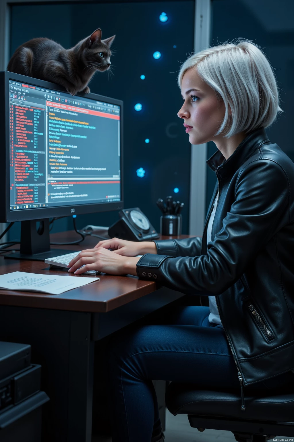 Realistic high quality photo. Woman, 32, short silver hair, blue eyes, black leather jacket, white shirt, dark jeans, sturdy boots, sitting at a desk in a dim office, staring at a glowing computer screen filled with scrolling system logs and an error code, a black cat perched on the desk meowing at the screen, floating glitch icons arranged like puzzle pieces around her, she holds a stylized shield on the monitor, her posture tense yet focused.