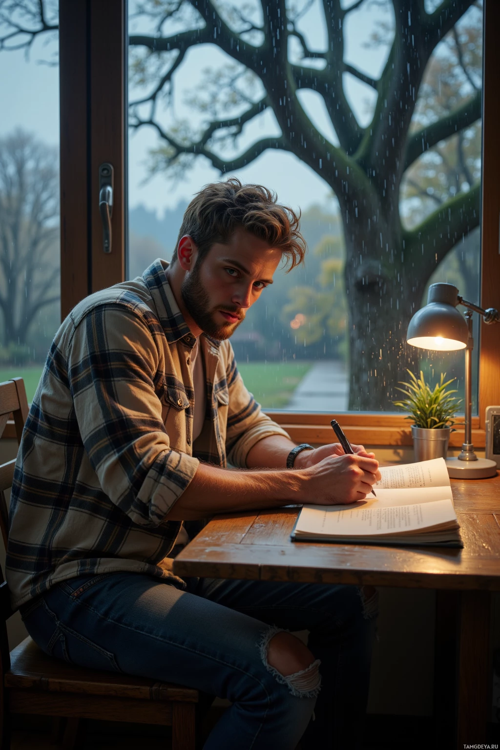 Realistic high quality photo. A 33‑year‑old man with messy blonde hair, a short beard, bright blue eyes, wearing a beige flannel shirt and faded jeans, sits at a small wooden desk in a modern apartment interior on a rainy night, the open notebook in front of him and an old oak tree visible through the window as rain taps the glass.