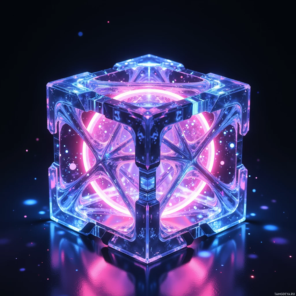 Semi-abstract image with many light, that is suitable for the post:  Crystal‑encased cube with a titanium and graphene lattice, glowing soft neon pulse, swirling subatomic currents inside, auto‑aligning facets, minimalistic futuristic finish.