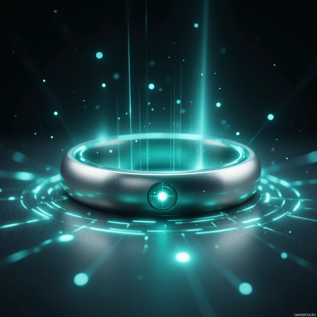 Semi-abstract image with many light, that is suitable for the post:  Sleek titanium wristband with a soft teal glow, a miniature rotating projector emitting a 360° holographic display, a single touch interface, and subtle light trails surrounding the band.