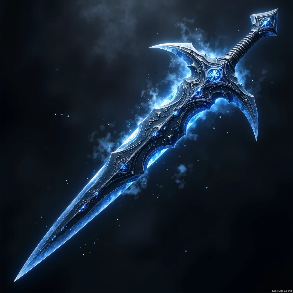 Semi-abstract image with many light, that is suitable for the post:  A slender obsidian blade with a razor‑sharp edge that seems to absorb light, etched with intricate sigils and glowing blue runes that pulse like a heartbeat, a faint cold mist swirling around its black, metallic surface.