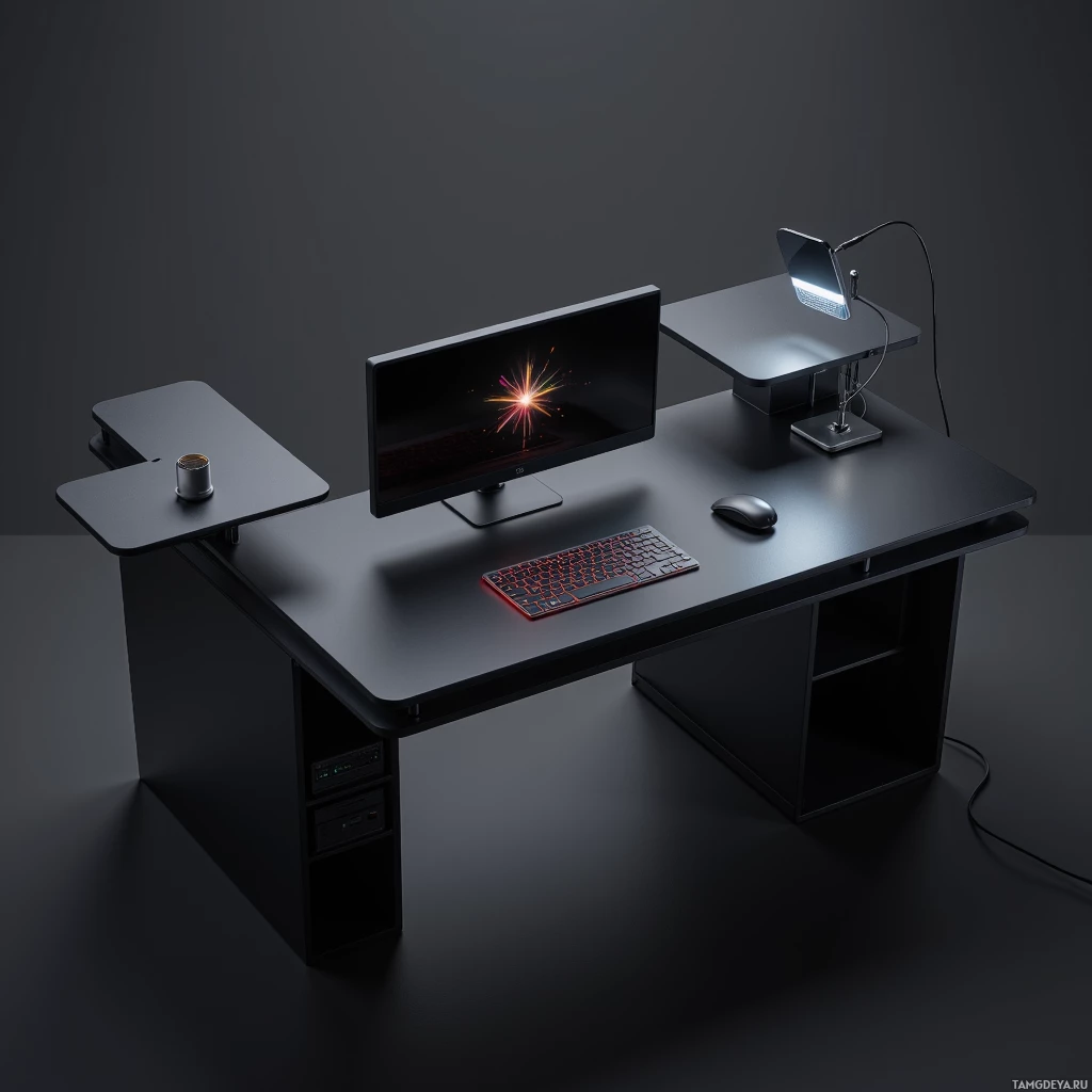 Semi-abstract image with many light, that is suitable for the post:  sleek black modular workstation with matte finish, detachable magnetic panels, built‑in power bank, subtle OLED display embedded in the surface, integrated cable management tray, minimalist ergonomic design.