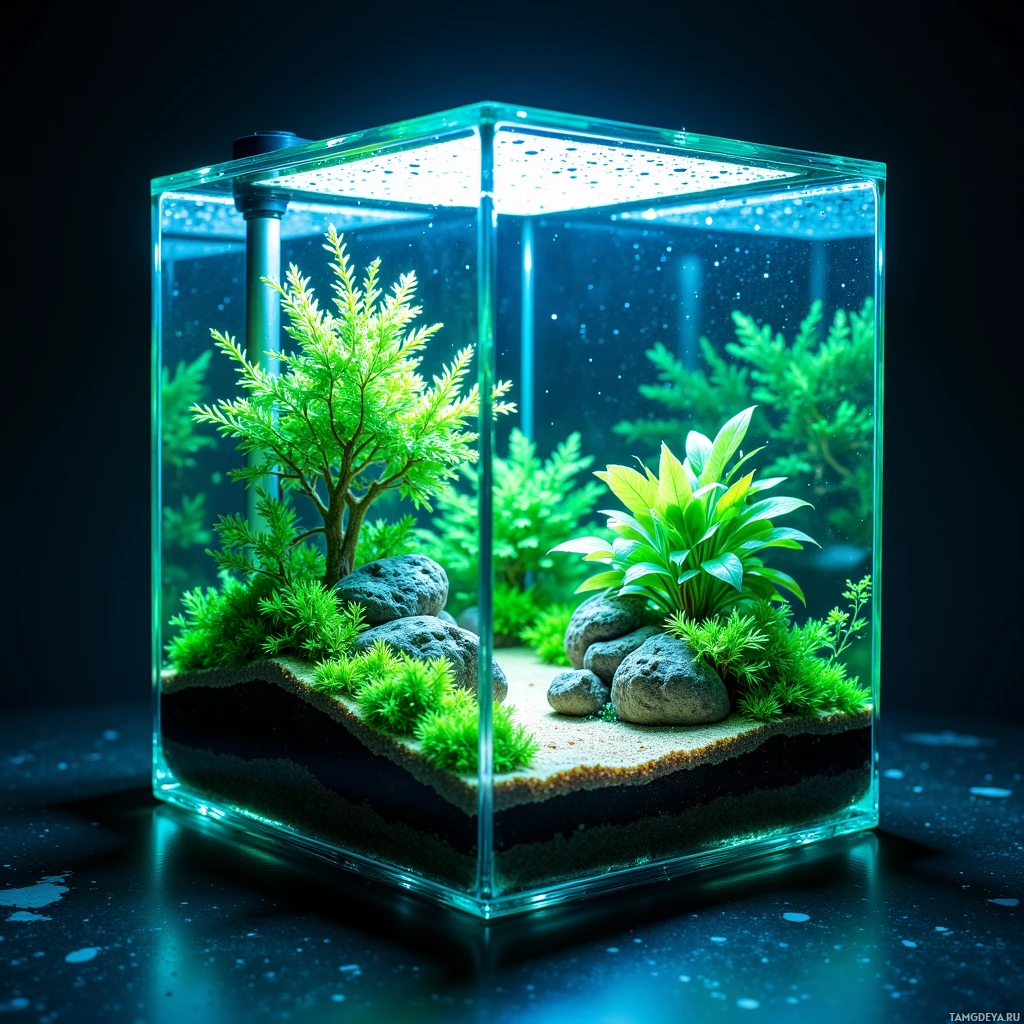 Semi-abstract image with many light, that is suitable for the post:  A tiny, sleek glass terrarium with clear walls, glowing bioluminescent algae illuminating soft green plant beds, a built‑in self‑watering system with humidity sensors, and a subtle water pump.