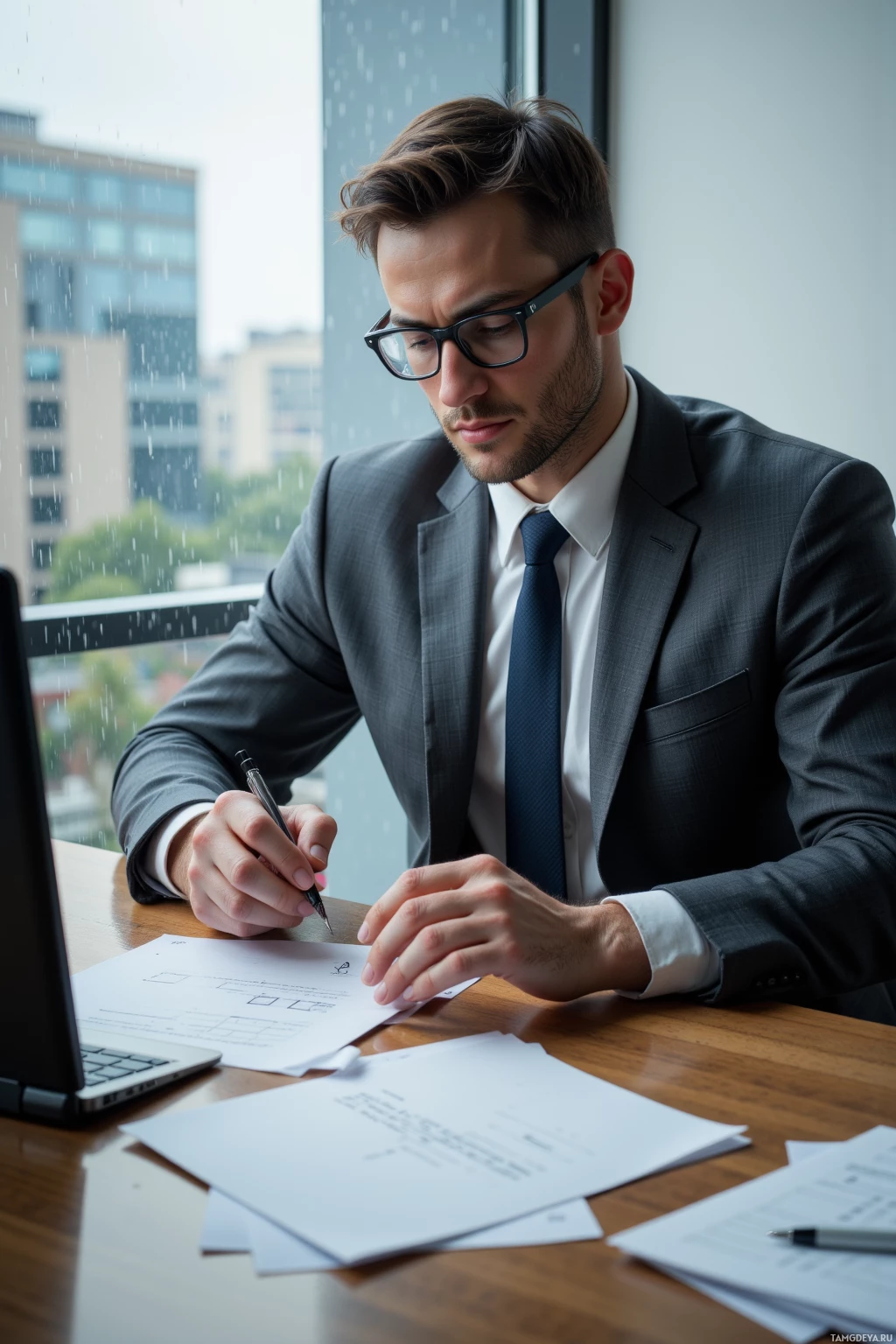 Realistic high quality photo. A 27‑year‑old white man with short dark hair and glasses, in a slim‑fit gray suit, crisp white shirt, dark blue tie, sits at a modern apartment desk, carefully tracing the path of a stray paperclip with a pen while rain slicks the window behind him, reflecting a gray sky in the quiet, studiously focused room.