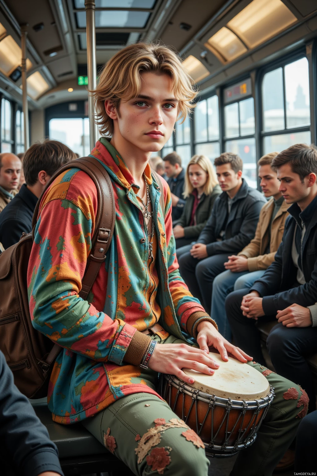 Realistic high quality photo. Young blonde man, 22, bright green eyes, colorful layered bohemian‑street clothing and a worn backpack, playing a small drum on a crowded city bus while bored commuters stare and the driver rolls his eyes, midday light streaming through the windows, a mix of exuberant rhythm and quiet loneliness.
