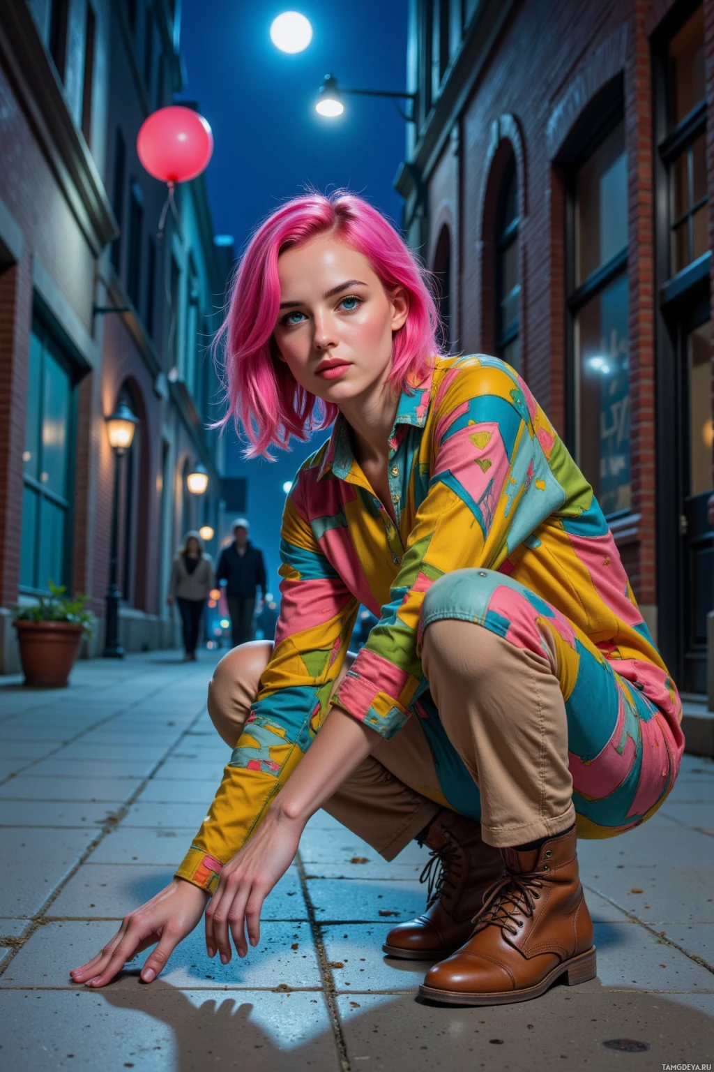 Realistic high quality photo. Woman with bright pink messy bob, vivid blue eyes, patchwork blouse with bold geometric patterns, loose colorful pants, chasing a stray balloon through a narrow moonlit alley while scribbling a poem in dusty sidewalk, surrounded by subtle shadows of night‑time city lights.
