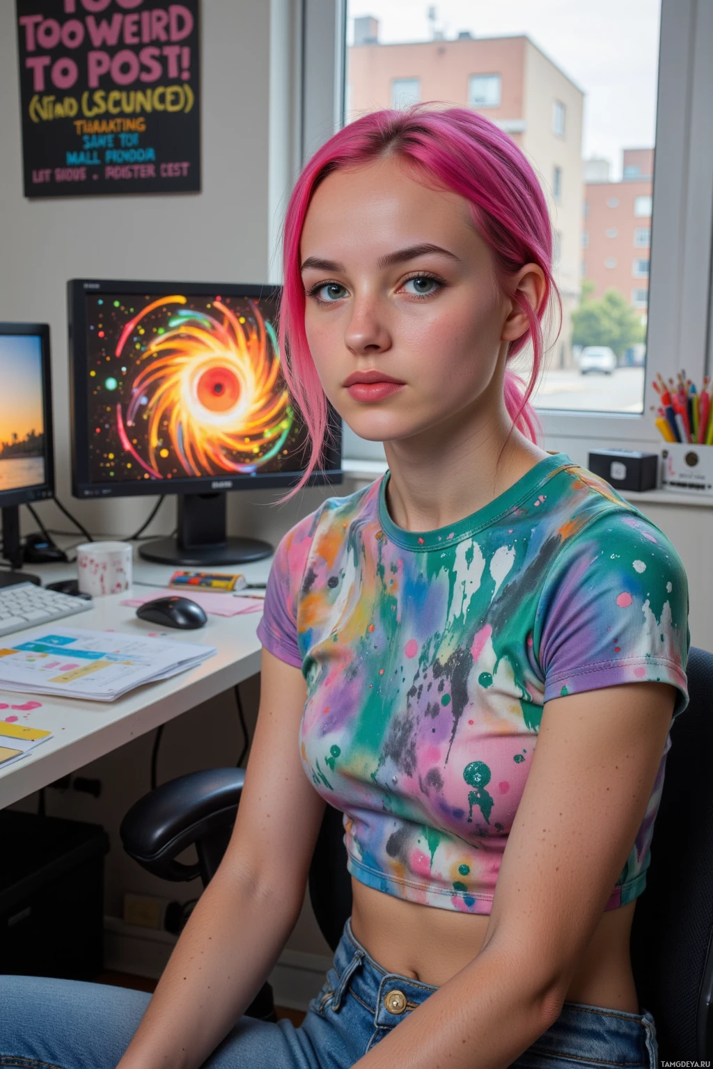 Realistic high quality photo. 27-year-old woman with bright pink hair, blue eyes, wearing a graphic crop top and paint‑splattered jeans, sits at a desk with a monitor displaying a chaotic bright glowing spiral, surrounded by scattered digital files labeled “Too Weird To Post,” a VHS tape looping an urban panorama in the background, early morning light filtering through the window, focused yet slightly amused expression.
