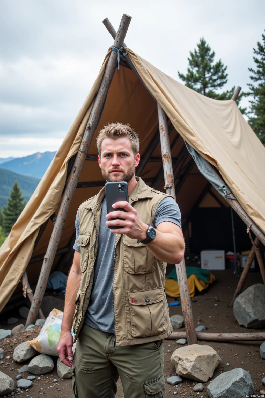 Realistic high quality photo. A 32‑year‑old man with short blonde hair, blue eyes, stubble, wearing a weathered beige vest over a ripped khaki shirt and dirt‑streaked cargo pants, stands on a rocky ridgeline under a gray sky, building a crude tarpaulin cube shelter with a bag of gravel beside him, wind whipping his hair, holding a smartphone for a selfie while a bleeding knuckle on his forearm is visible, surrounded by pine trees.