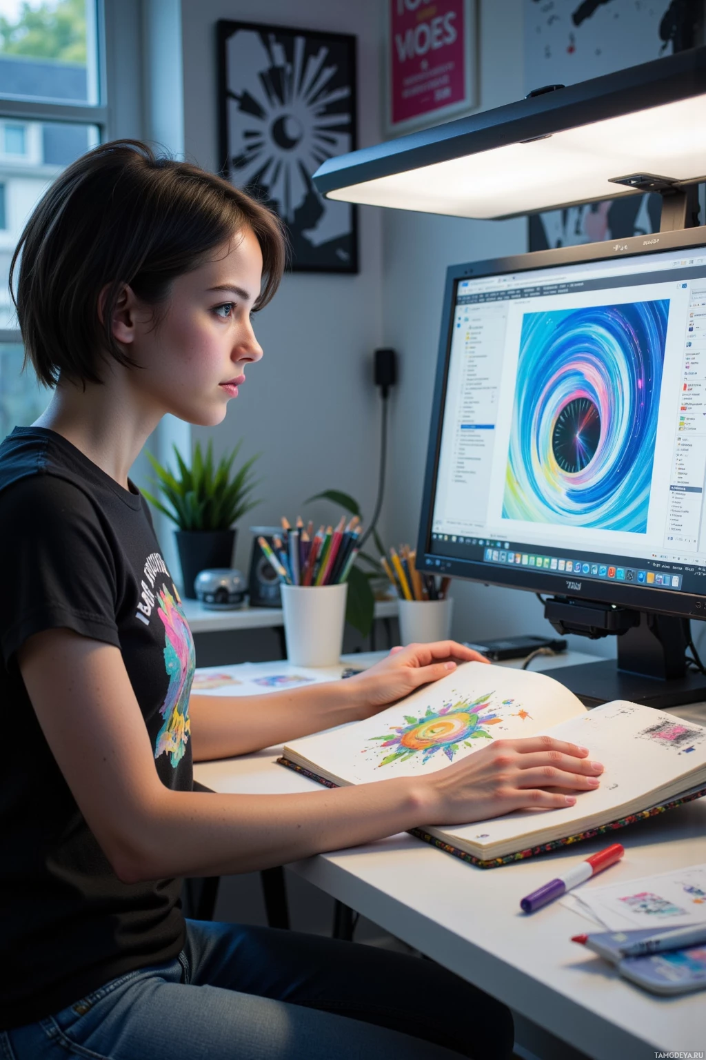 Realistic high quality photo. A 22‑year‑old woman with short black hair, blue eyes, wearing a graphic t‑shirt and jeans, sits at a desk in a modern office with soft overhead light, staring at a glitching computer screen displaying a swirling half‑formed pattern while her hand rests on an open sketchbook whose pages flutter beside her, surrounded by unfinished digital layers and a cluttered workspace.