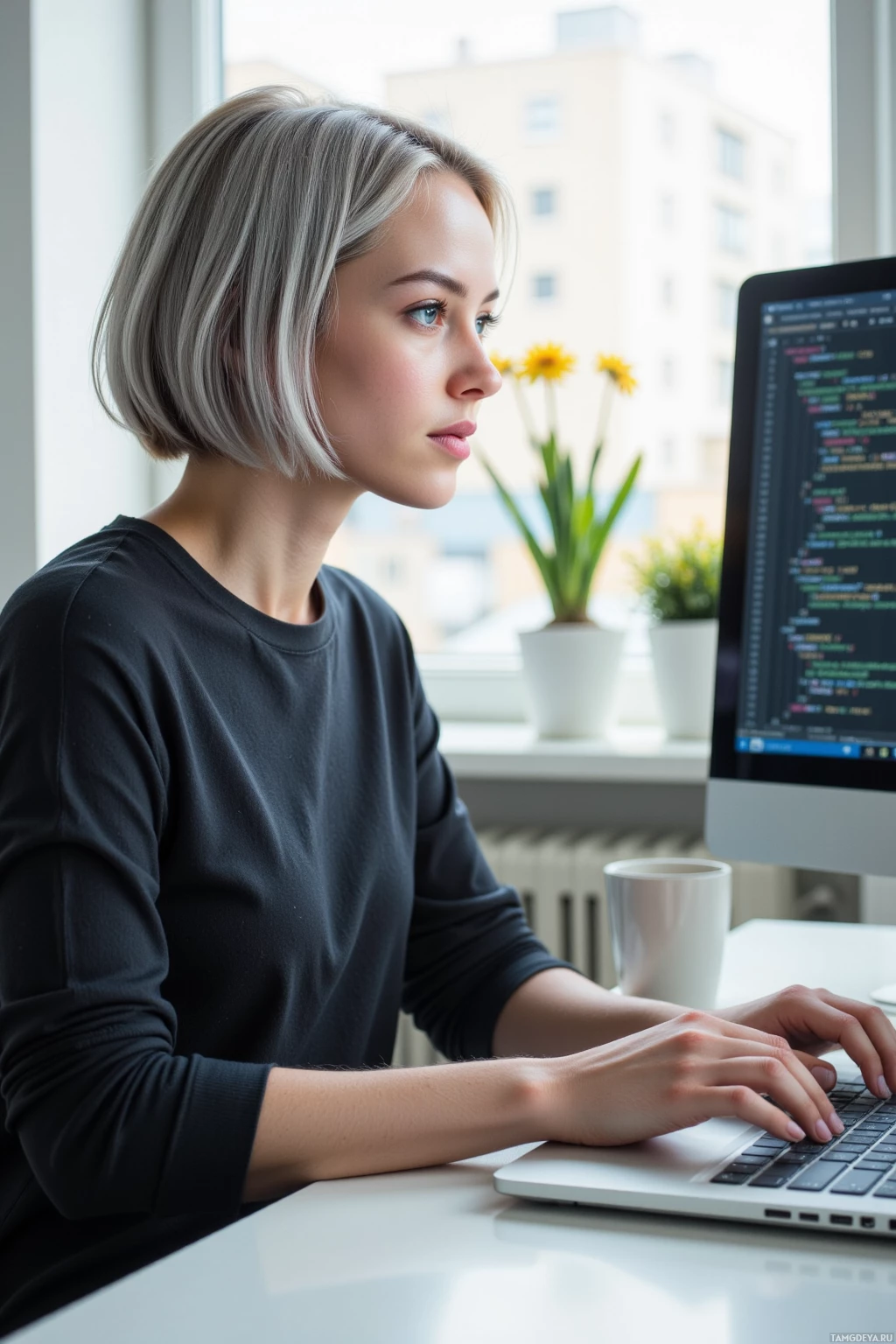 Realistic high quality photo. A 26‑year‑old woman with a sleek silver bob haircut and calm blue eyes, wearing minimalist modern style, sits at a desk in a quiet office with afternoon light streaming through a window, typing on a laptop while code and log output scroll across the monitor, a coffee mug beside her, her focused posture reflecting methodical software engineering.