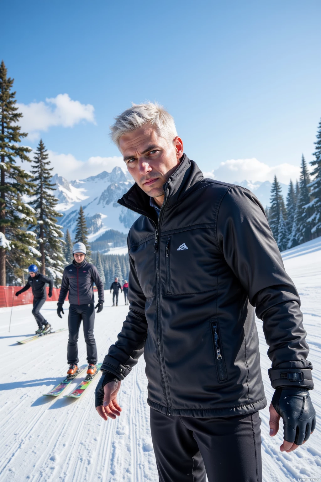 Realistic high quality photo. A man in his mid‑thirties with short white hair, piercing blue eyes, wearing a sleek black winter jacket and matching ski pants, tightening ski bindings on a bright alpine slope at late afternoon, surrounded by athletes speeding through a line of snow gates amid snow‑covered pine trees and a clear blue sky.