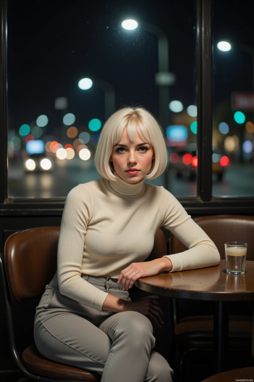 Realistic high quality photo. Woman, 31, pale skin, white bob haircut, green eyes, wearing an ivory turtleneck and light gray slacks, sits alone at a dark late‑night cafeteria table beside a window overlooking city lights, offering a copy of Camus' *The Myth of Sisyphus* to a stranger, with a quiet analytical expression as traffic hums outside.