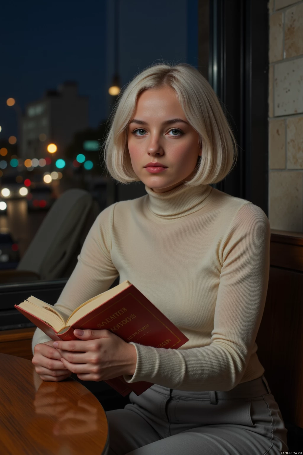 Realistic high quality photo. Woman, 31, pale skin, white bob haircut, green eyes, wearing an ivory turtleneck and light gray slacks, sits alone at a dark late‑night cafeteria table beside a window overlooking city lights, offering a copy of Camus' *The Myth of Sisyphus* to a stranger, with a quiet analytical expression as traffic hums outside.
