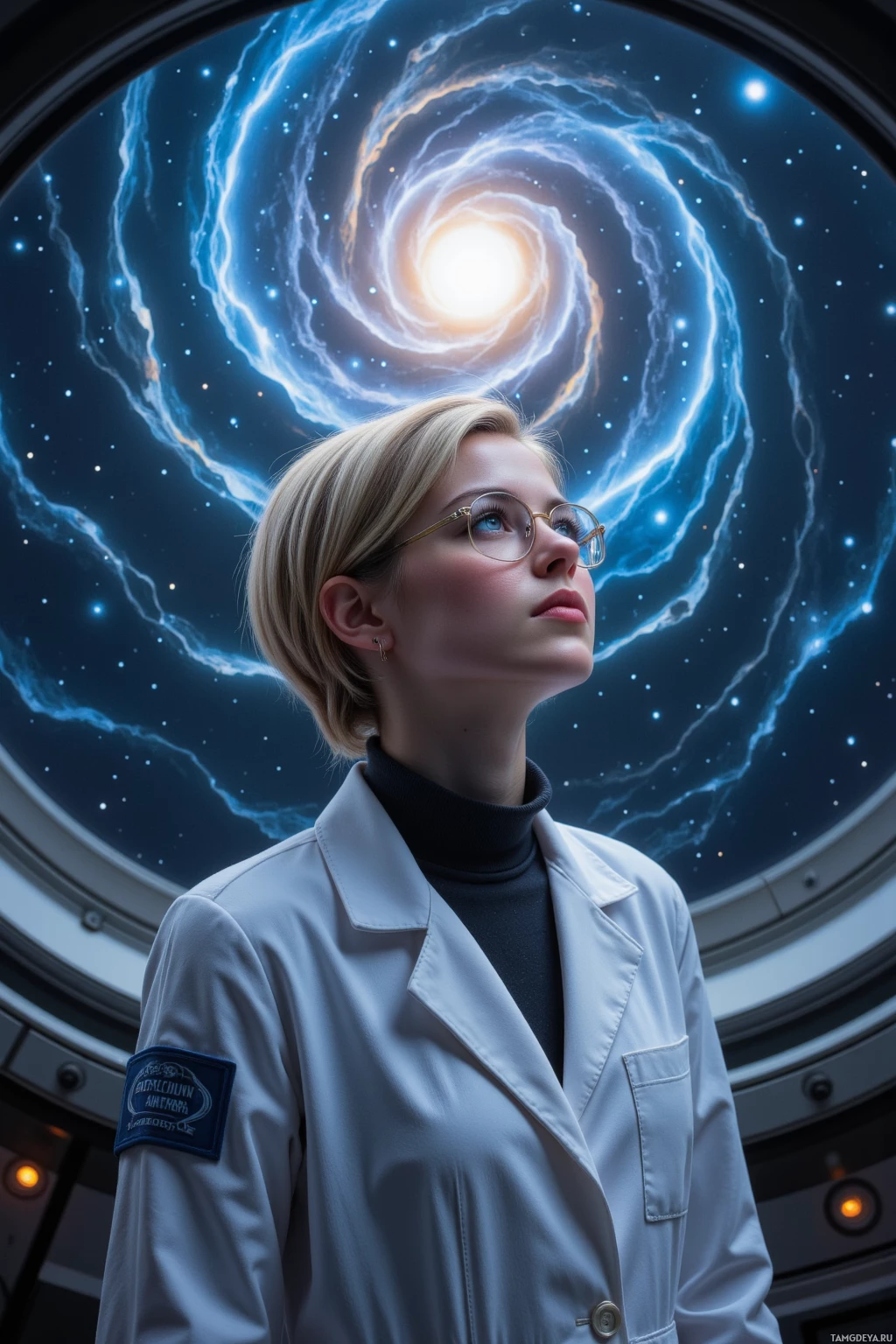 Realistic high quality photo. female, 26, short blonde hair, bright blue eyes, wearing a white lab coat with sleek futuristic glasses, standing outside a dome of an orbital observatory at night, gazing at swirling star-shaped dust lanes around a galactic core, hands still buzzing from calibration experiment, the hum of the station in the background.