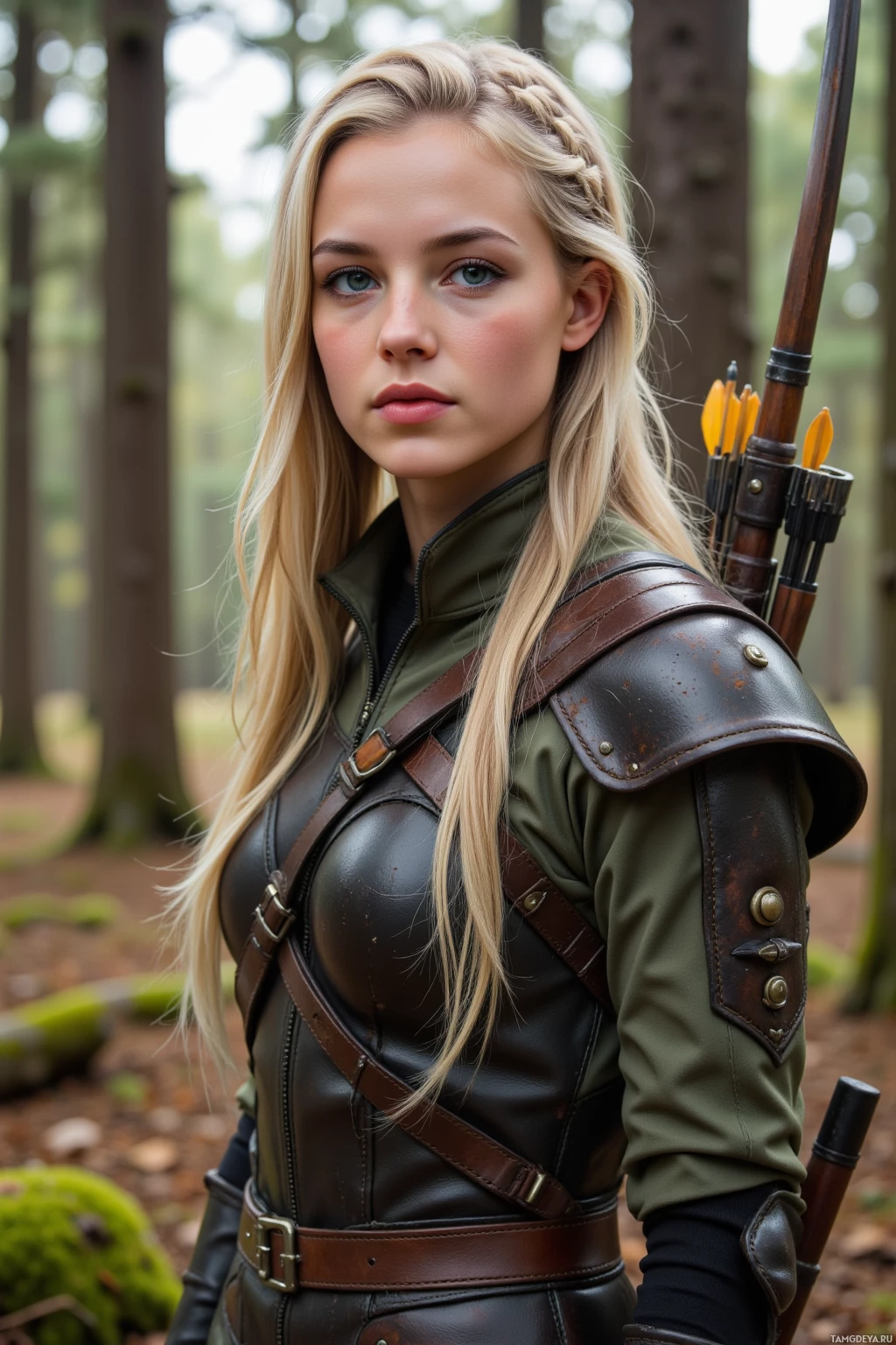 Realistic high quality photo. Female hunter with long braided blonde hair, bright blue eyes, wearing agile leather armor and a quiver of arrows, stands in a pine forest at dawn with shafts of early light filtering through the canopy, bow resting on her shoulder, tracking faint footprints on mossy ground, exuding calm intensity.