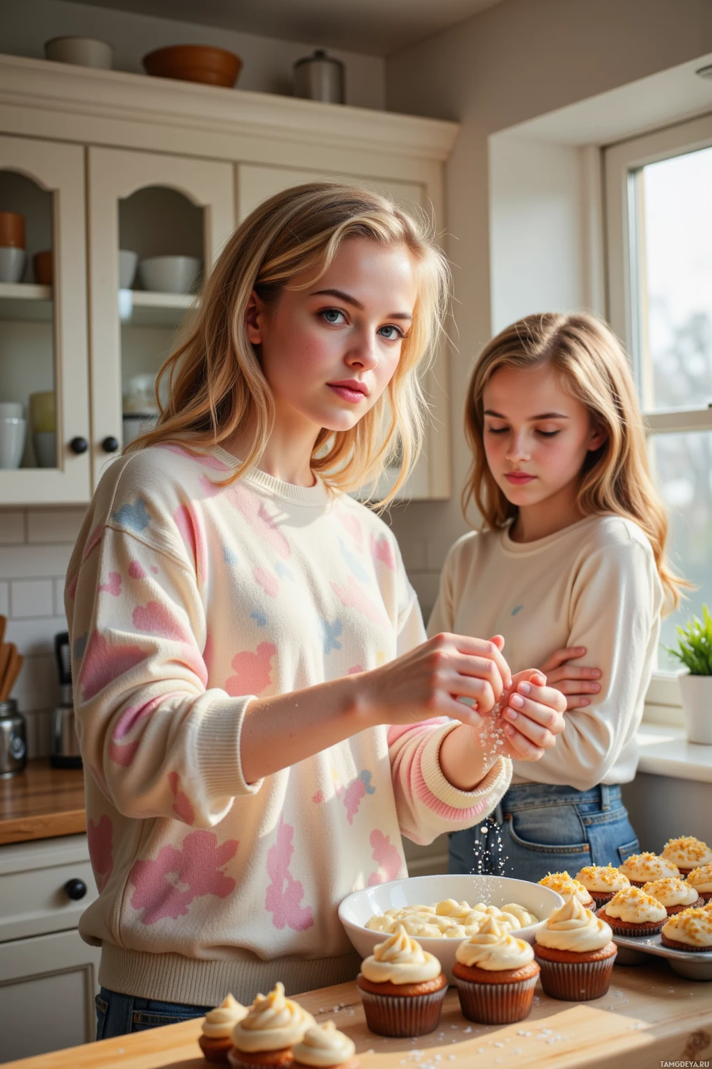 Realistic high quality photo. A young woman with soft curly blonde hair, bright blue eyes, wearing a pastel sweater, jeans, and sneakers, stands in a warmly lit kitchen at early afternoon, mixing dough on a wooden counter, sprinkling sea salt onto freshly baked cupcakes, with a neighbor’s grateful smile visible through an open doorway.