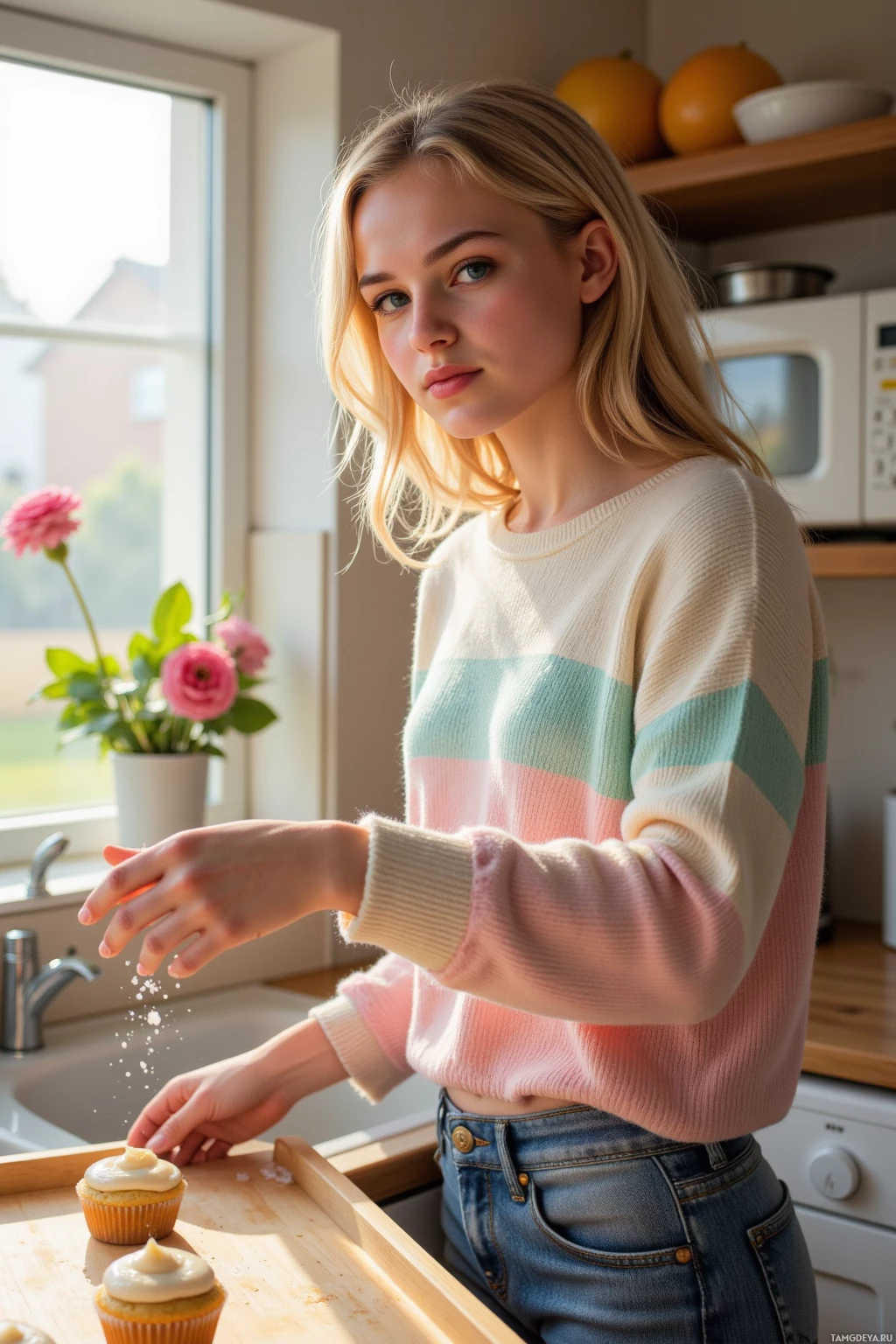 Realistic high quality photo. A young woman with soft curly blonde hair, bright blue eyes, wearing a pastel sweater, jeans, and sneakers, stands in a warmly lit kitchen at early afternoon, mixing dough on a wooden counter, sprinkling sea salt onto freshly baked cupcakes, with a neighbor’s grateful smile visible through an open doorway.