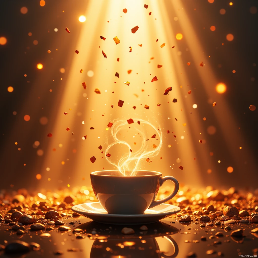 Semi-abstract image with many empty light space at center of beautiful background, that is suitable for the post:  Morning coffee drips like confetti, each droplet a tiny promise of adventure wrapped in the comfort of a familiar sunrise.