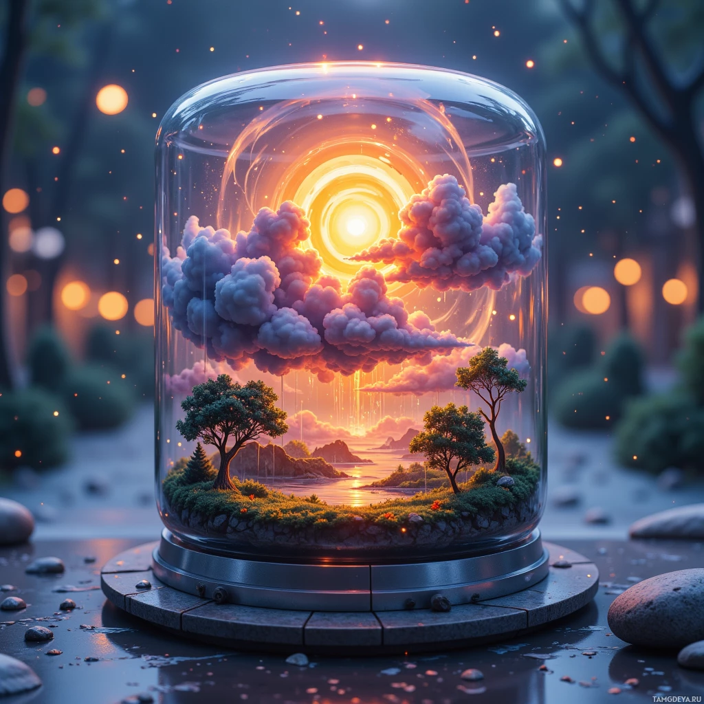Semi-abstract image with many light, that is suitable for the post:  Sleek glass cylinder with a polished, reflective surface, internal miniature weather system of swirling vapor, micro lenses, subtle cloud, rain, thunderstorm elements, refracting vibrant sunset hues, a small touch button on its side.