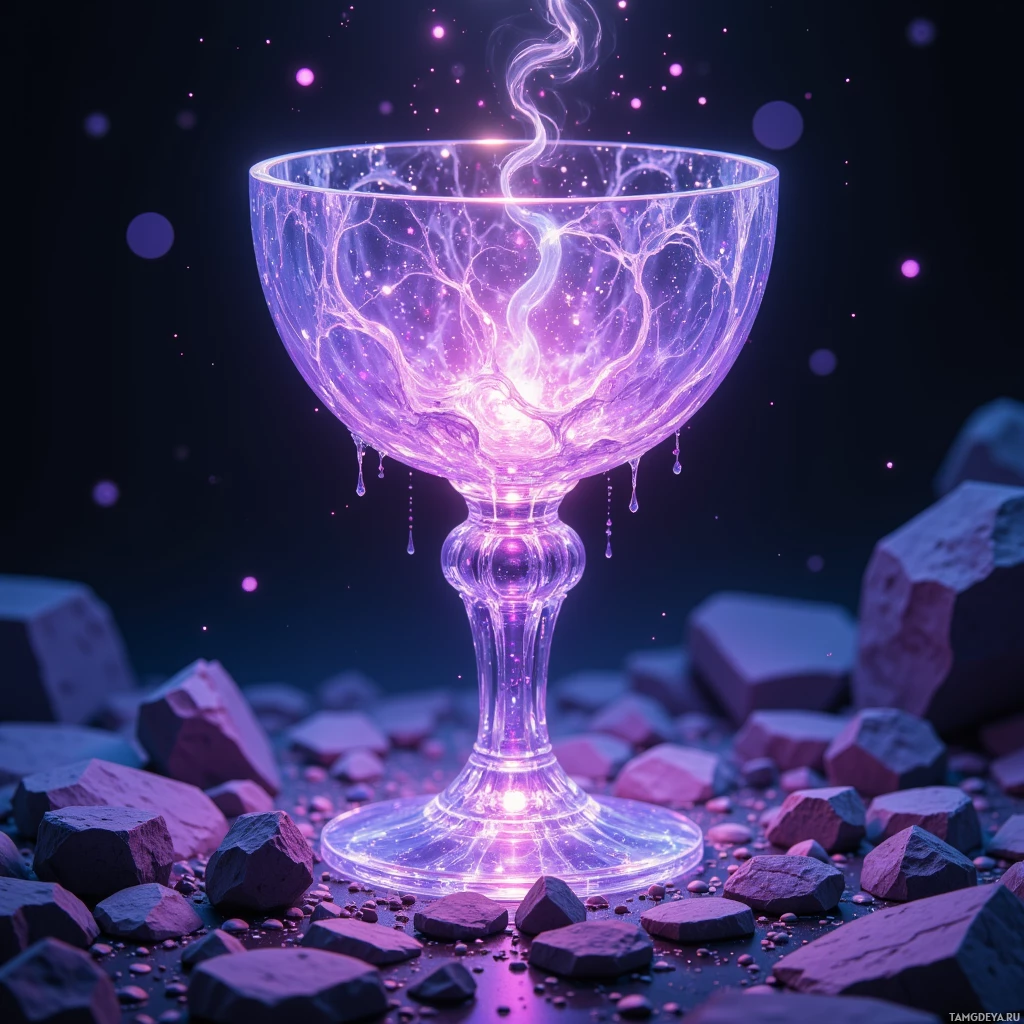 Semi-abstract image with many light, that is suitable for the post:  Crystal chalice made of opalescent crystal, veined with iridescent violet threads, a velvet‑soft surface, intricate nano‑sensor lattice embedded in its rim, and a faint holographic vineyard projection swirling from its core.