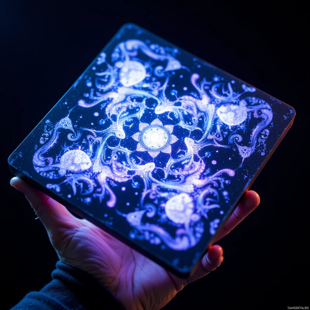 Semi-abstract image with many light, that is suitable for the post:  handheld, thin semi‑translucent alloy device etched with recursive lattice patterns that glow blue and violet, projecting shifting fractal holograms of layered, breathless geometry from its surface.