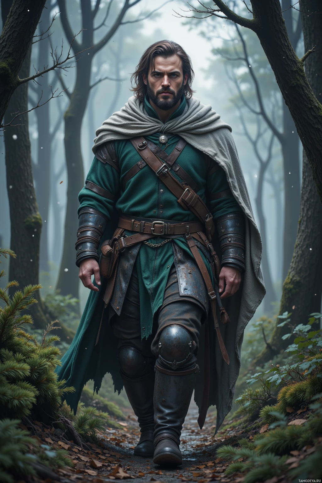 Realistic high quality photo. Rugged 35‑year‑old man with shoulder‑length dark brown hair and intense brown eyes, wearing weathered leather armor over a forest‑green tunic and a faded gray cloak, walking silently through a moonlit forest beneath a silvered canopy, a bundle of pine needles tucked in his cloak, stars glittering overhead, posture vigilant and determined.