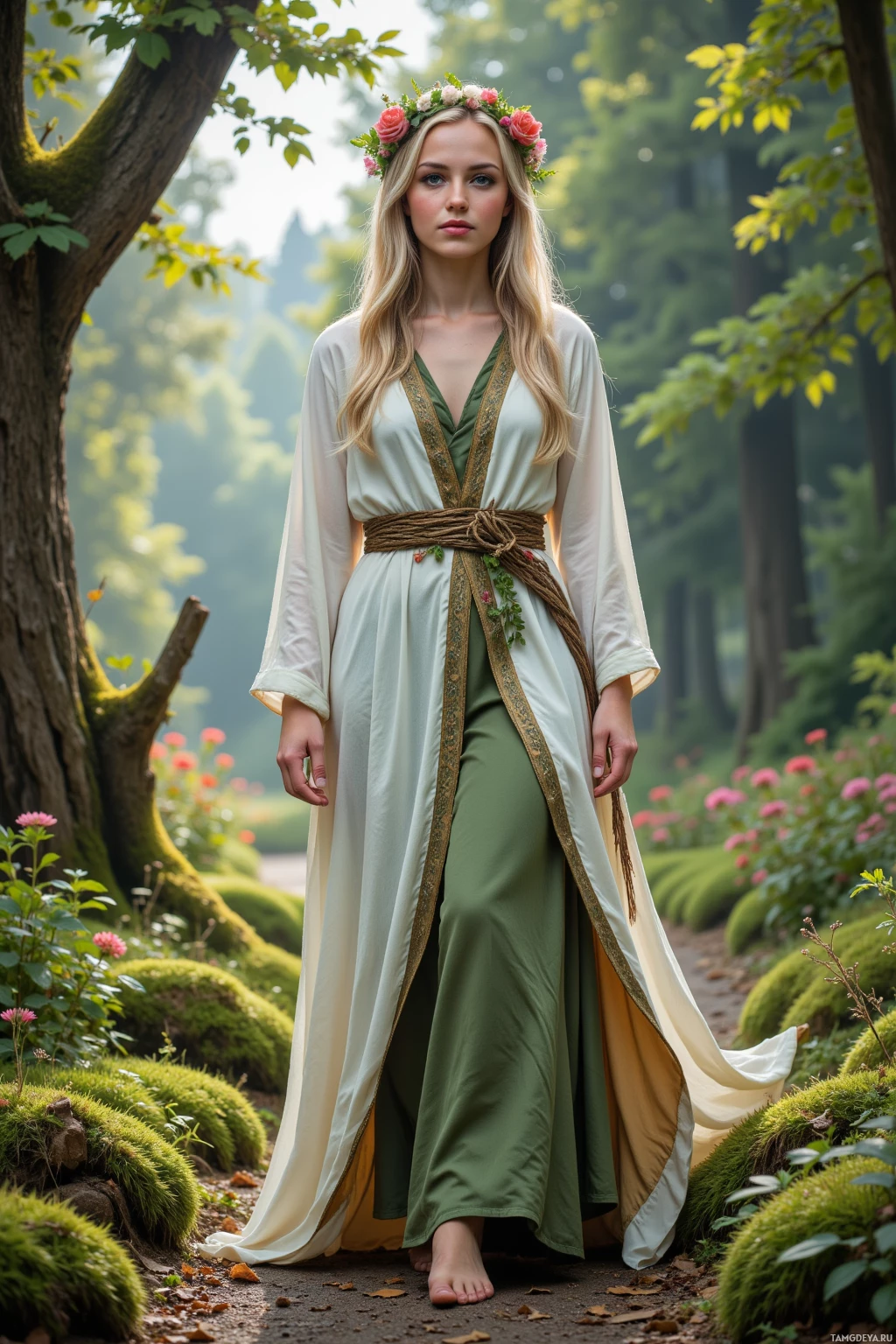 Realistic high quality photo. Tall woman with long blonde hair, blue eyes, fair glowing skin, wearing flowing white and green robes adorned with a crown of woven wildflowers and a belt of intertwined vines, walking barefoot on a mossy forest path, whispering leaves overhead, distant city traffic rumbling in the background, dawn light filtering through trees, serene and balanced atmosphere.